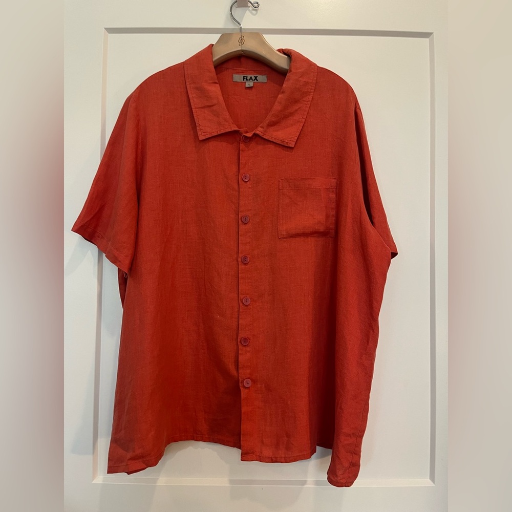 Flax Linen Orange Button Down Short Sleeve Lagenlook Coastal shirt Oversized L